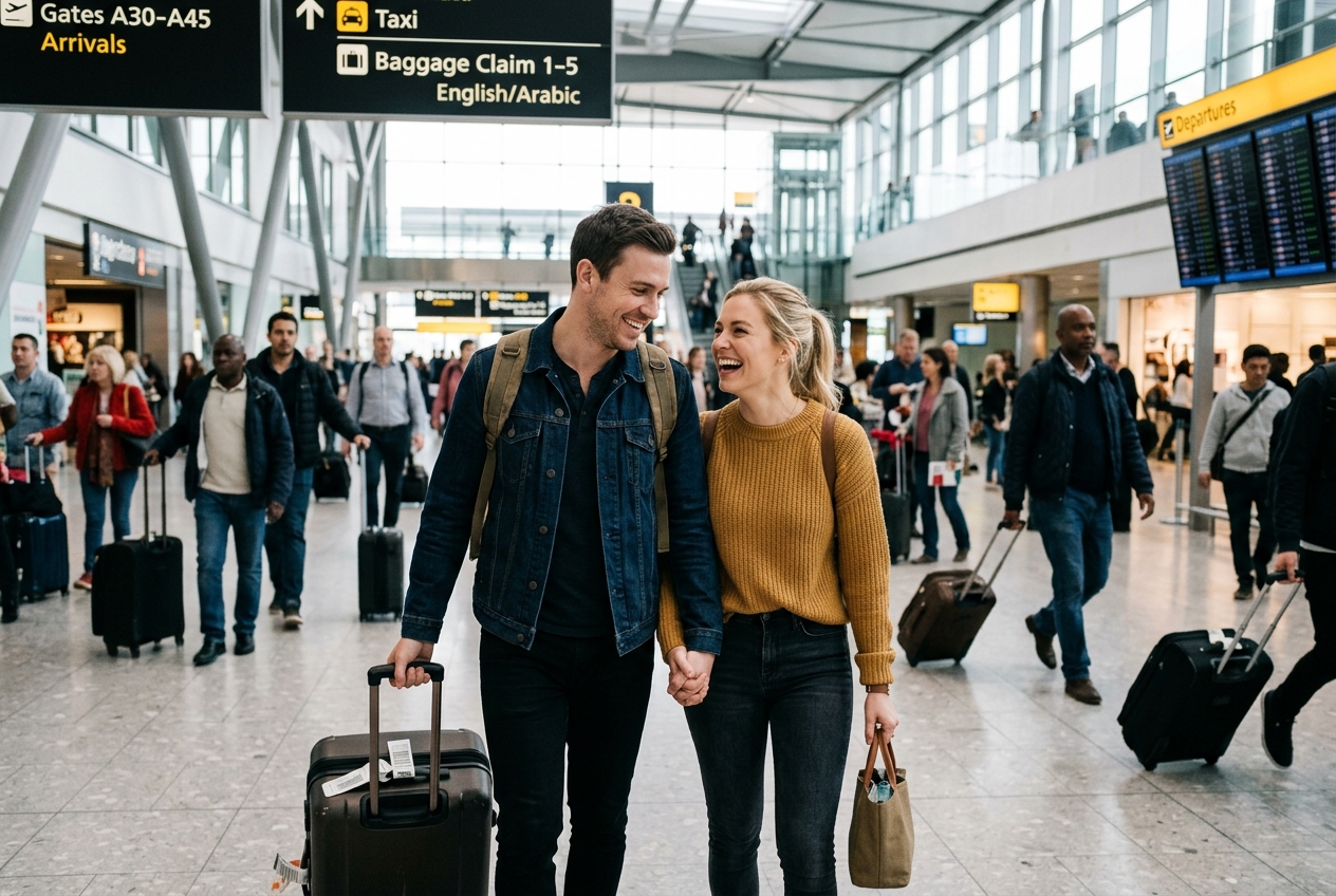 A couple walking together through an airport terminal