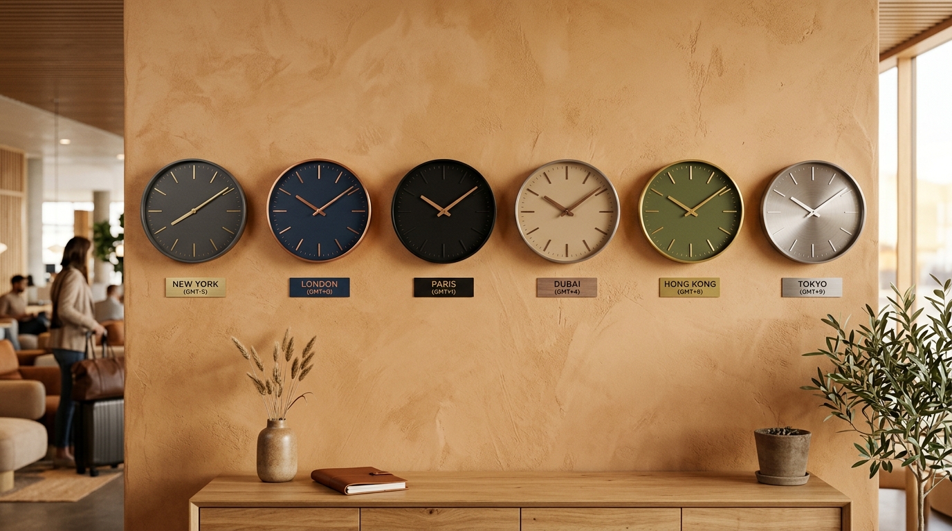 Wall clocks showing different time zones around the world