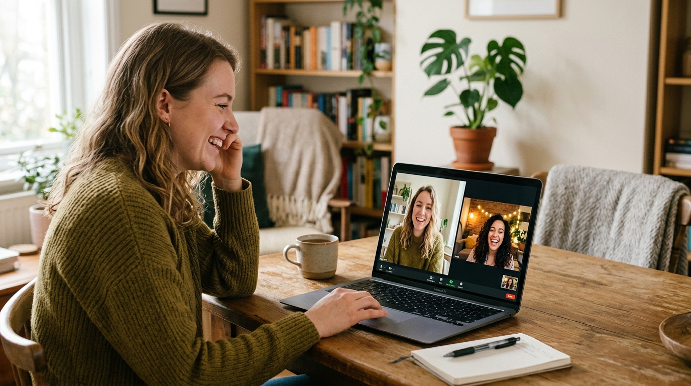 A woman smiling on a video call with friends